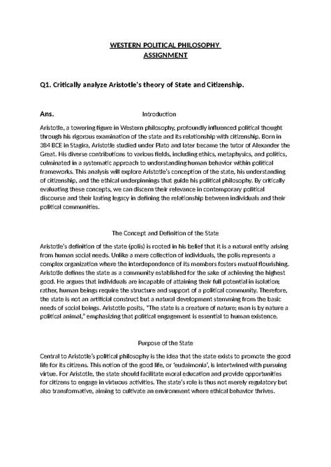 WPP Assignment - WESTERN POLITICAL PHILOSOPHY ASSIGNMENT Q1. Critically ...