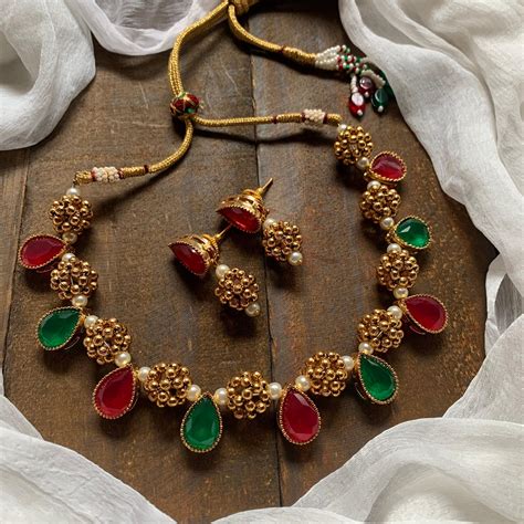 Gold Thushi Balls Tilak Stone Necklace - Red & Green