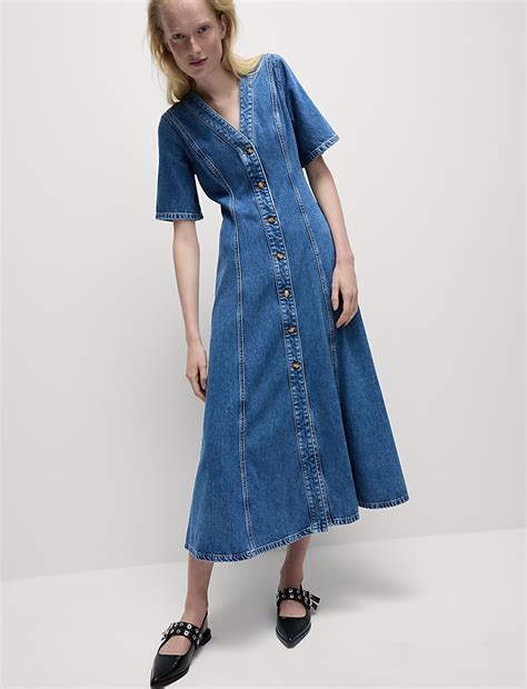 Buy Denim V-Neck Button Through Midi Skater Dress at Marks & Spencer