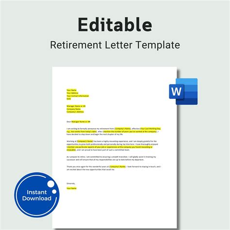 Editable Retirement Letter Template, Retirement Letter, Retirement Template, Retirement Letter ...