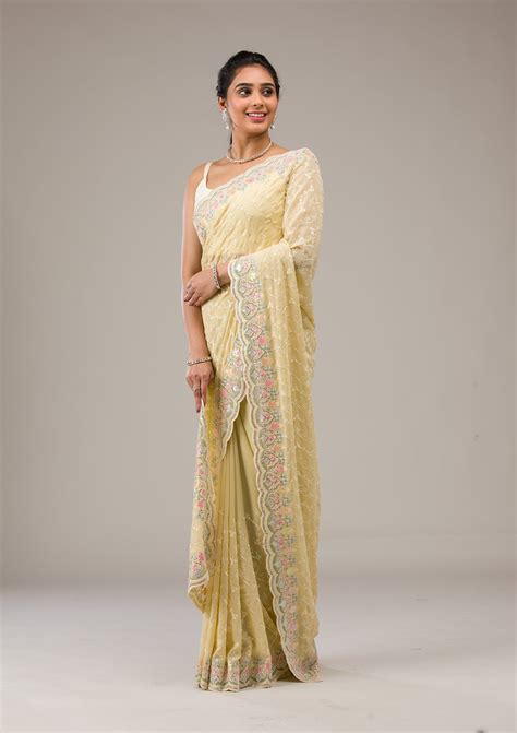 Buy Lemon Yellow Threadwork Georgette Saree - Koskii