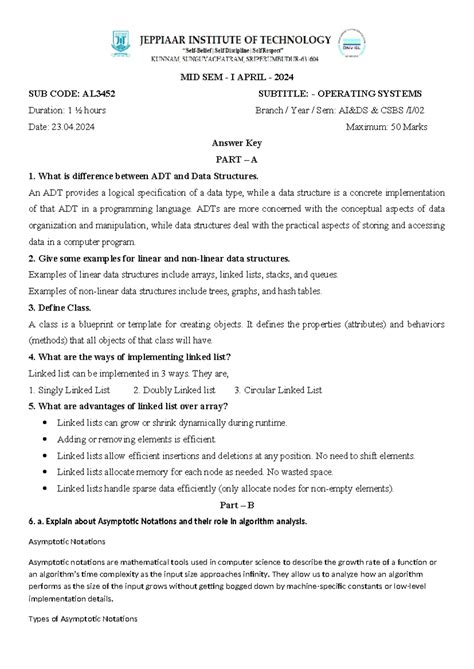 Mid I Answer key - AD3251 -DSD - MID SEM - I APRIL - 2024 SUB CODE ...