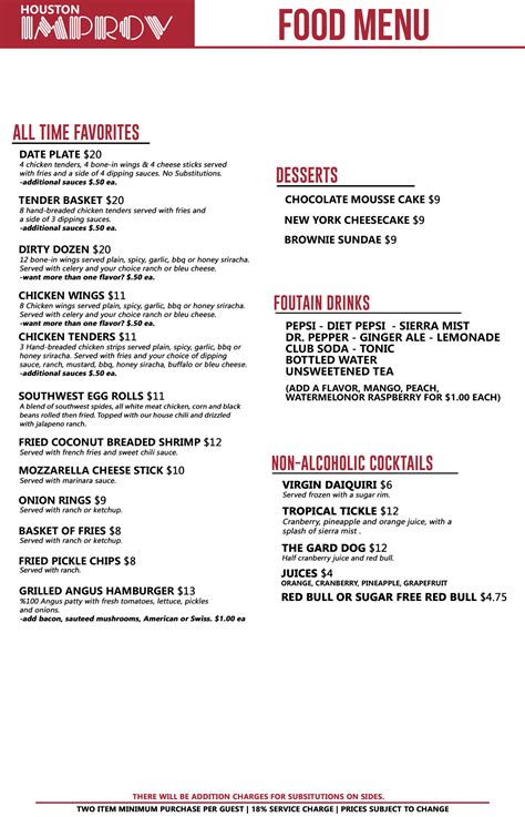 Houston Improv Food and Drink Menus