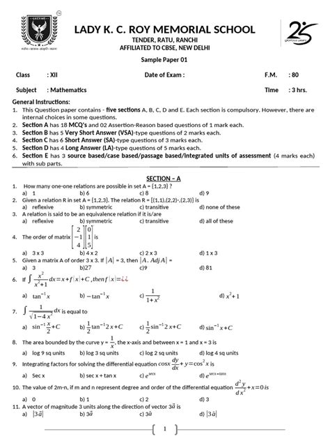 Class Xii Mathematics Sample Paper Pdf Mathematics Mathematical ...
