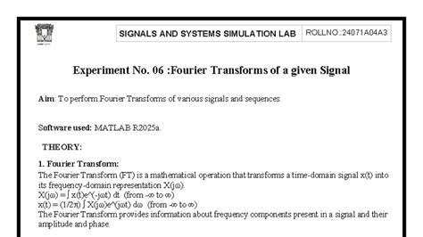 SSS-LAB Record: Experiment 06 - Fourier Transforms in MATLAB - Studocu