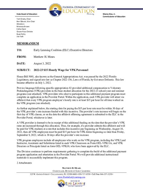 Fillable Online VPK $15 Hourly Wage Memorandum with Proviso and ...