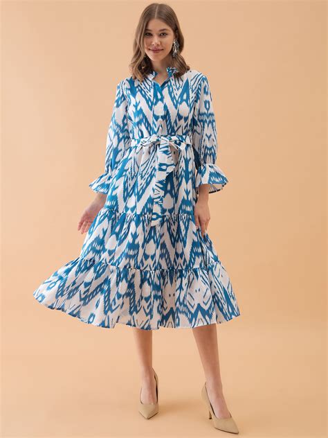 White & Blue Abstract Printed Flared Dress – Octics