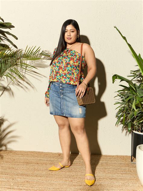 Women Red, Yellow, & Green Floral Printed One-Shoulder Neck Puff Sleeve ...