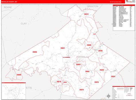 Nicholas County, WV Zip Code Wall Map Red Line Style by MarketMAPS ...