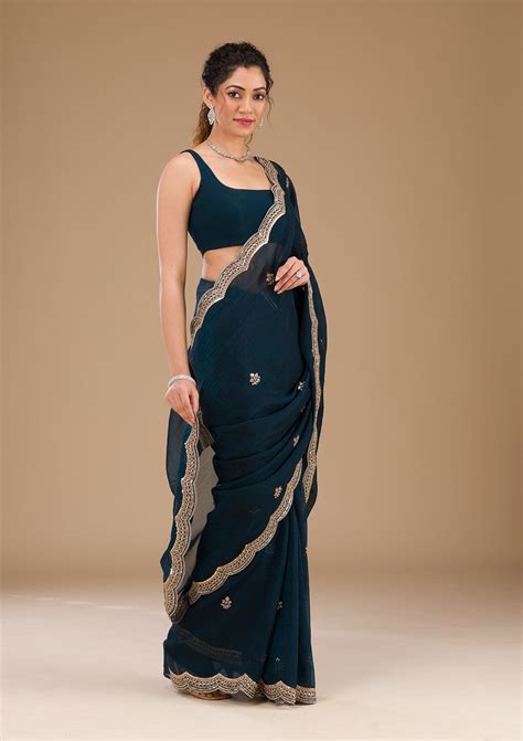 Buy Peacock Blue Sequins Tissue Saree - Koskii