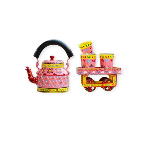 Hand Painted Aluminum Pink Tea Kettle With Wooden Troly Set – Oxyroots ...