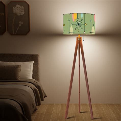 Mid Century Modern Tripod Floor Lamp Green Linen Shade Atomic Starburst ...