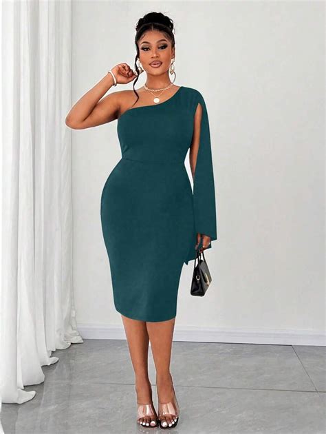 Maweii Plus Size Women's Stretchy Bodycon Asymmetric Neck Split Sleeve ...