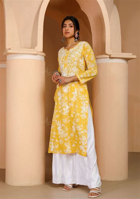 Zainab Yellow Chikankari Kurta - Mulmul Kurta Online – House of Chikankari
