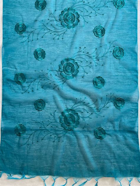 Banarasee Cotton Silk Embroidered Floral Design Dupatta-Green