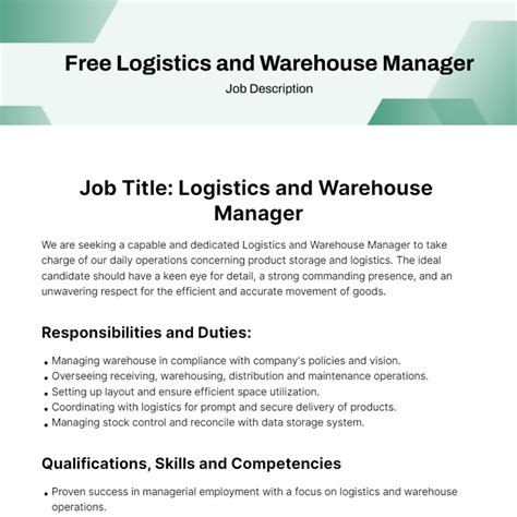 Free Logistics and Warehouse Manager Job Description Template to Edit ...