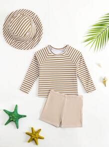 Baby/Toddler Boy Striped Print Long Sleeve Swimsuit Set With Swim Cap ...