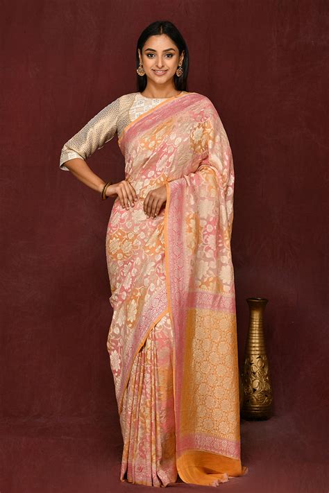 Pastel Peach-Pink Rangkat Pure Khaddi Georgette Handloom Silk Saree ...
