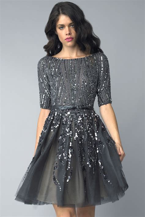 Tulle and sequin cocktail dress with 3/4 sleeve and flare skirt ...