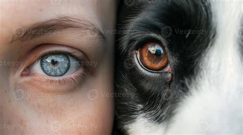Close-up of human and dog eyes side by side symbolizing connection and ...