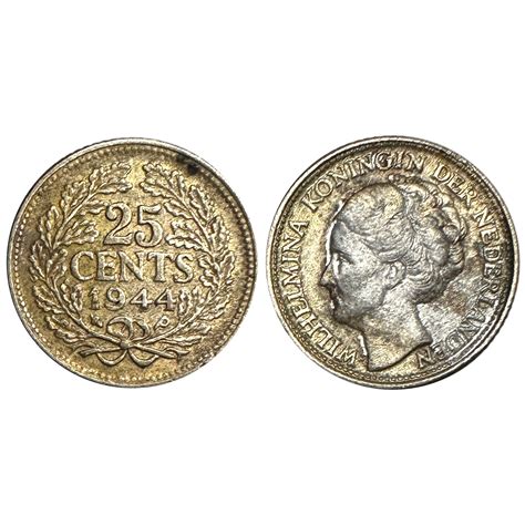 >1944 Netherlands Wilhelmina Silver 25 Cents Coin | Property Room