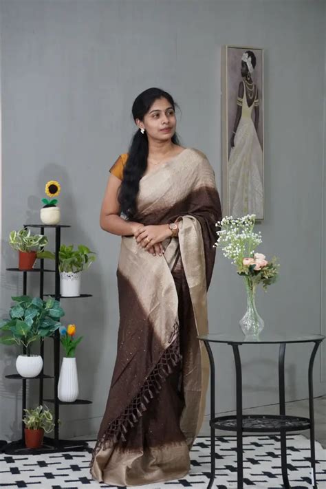 Coffee Brown Beige colour dola silk saree | FallForFabrics