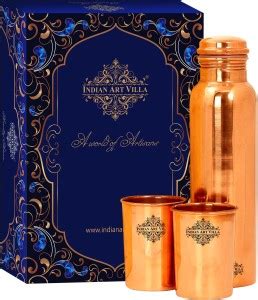 IndianArtVilla Pure Copper Bottle with Glass , Gift Set Box, 3 Pieces ...