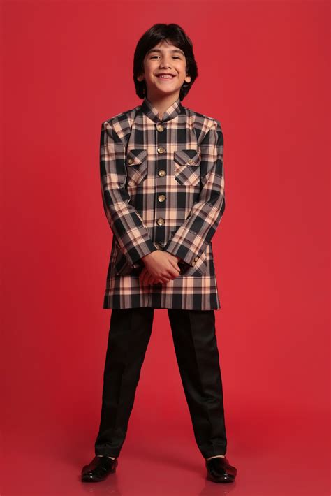 Kids Boys Beige Checkered Cotton Blend Indo Western – AJ Dezines