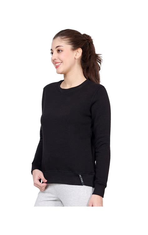 Buy Bodyactive Women Cotton Fleece Blend Black Solid Crew Neck ...