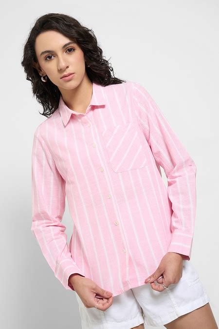 Pink Striped Casual Full Sleeves Shirt Collar Women Relaxed Fit Shirts ...
