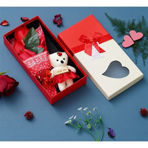 Red Roses Bouqet with White & Red Teddy Bear Valentine's Square Shaped ...