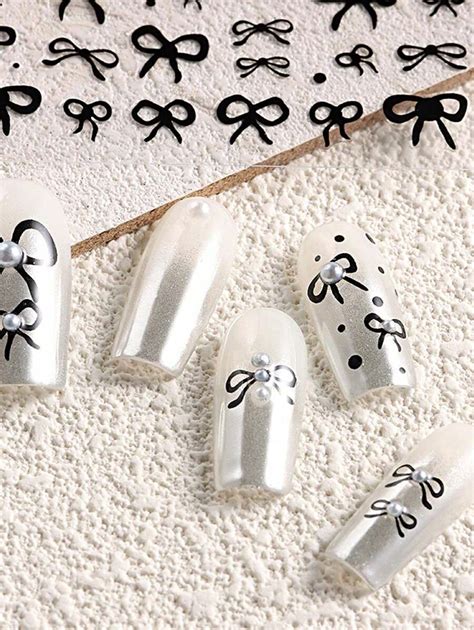 3pcs 3D Nail Ribbons Sticker Black White Bows Nail Charms Cute Silk ...