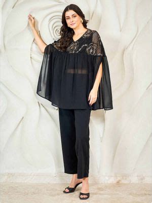 Buy AAREIN Black Ruffled Sleeves V-Neck Party Yoke Design Co-Ord Set ...