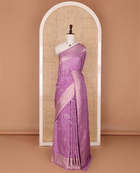 Pinkish purple zari design fancy crepe saree, zari border & pallu of f
