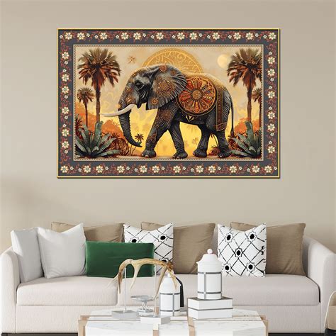 Mandala Design Elephant in Sunset Floral Border Canvas Wall Painting ...