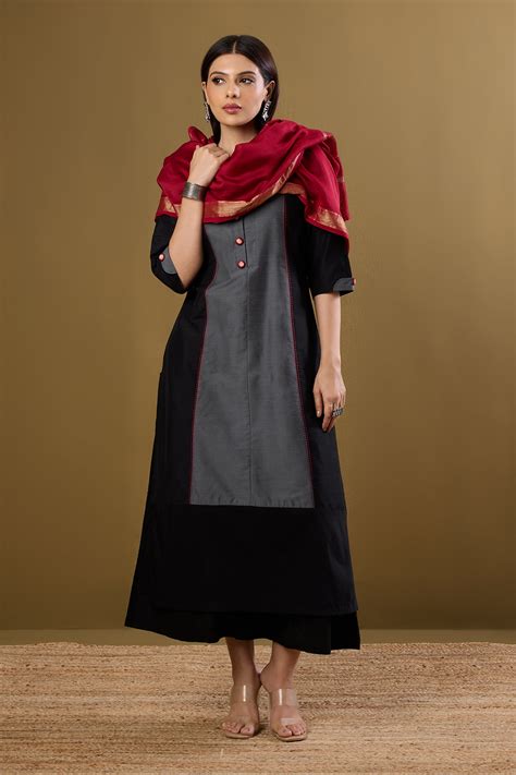Princess Cut Panel Kurta In Black Silk Slub And Grey Silk Slub by Maati ...