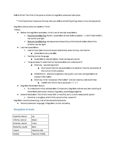 COGS 101 Exam Summary Sheet - Define Mind: The mind is the place at ...