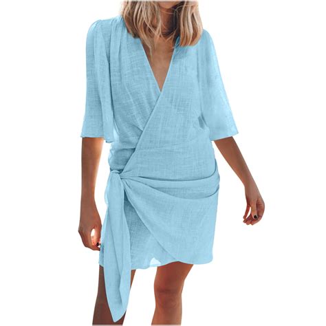 Royal Blue Womens Short Sleeve Dresses for Women Vneck Faux Linen Midi ...