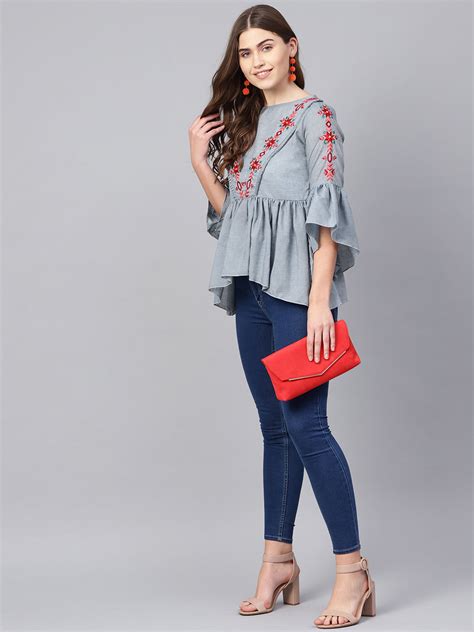 Shop Bhama Couture Blue & Red Embroidered A-Line Top Online