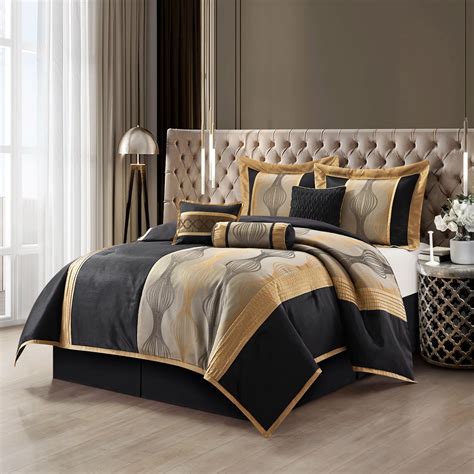 Lanco Elegant Black and Gold Comforter Set King Size, Striped, 7 Pieces ...
