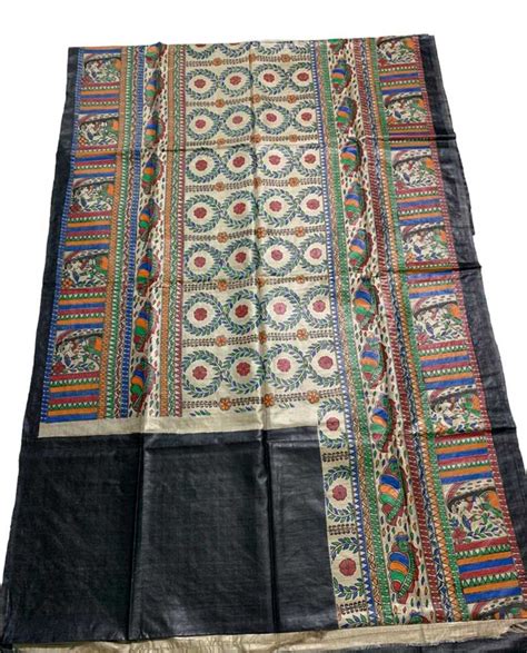 Multicolor Hand Painted Madhubani Tussar Silk Saree - Luxurionworld