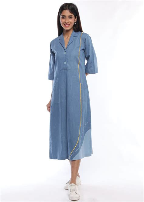 Get Lapel Collar Wan Blue Denim Embroidery Detail Dress at ₹ 1740 | LBB ...