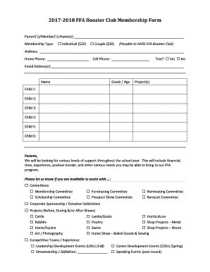 Fillable Online 2017-2018 FFA Booster Club Membership Form Fax Email ...