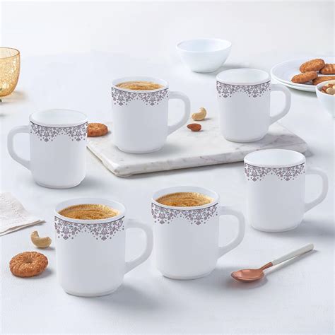 Larah by Borosil Lark Opalware Mug, Set of 6 Tea/Coffee Mugs, 240 ml ...