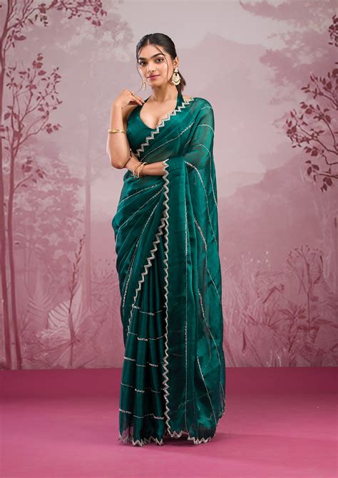 Buy Peacock Green Cutdana Tissue Saree - Koskii