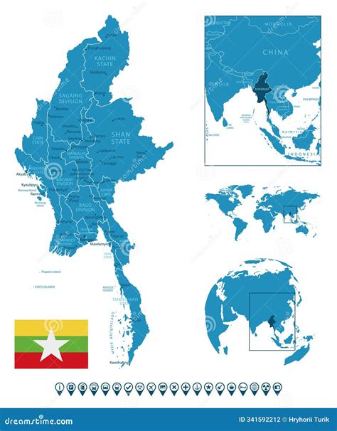 Myanmar - Detailed Blue Country Map with Cities, Regions, Location on ...
