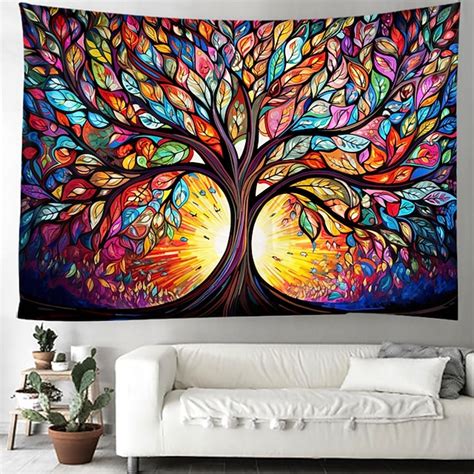 L.T.HOME Tree of Life Hanging Tapestry Stained Glass Colorful Wall Art ...