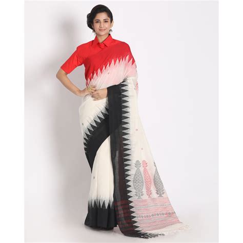 Temple Design White Cotton Handloom Tangail Saree – Mohi fashion