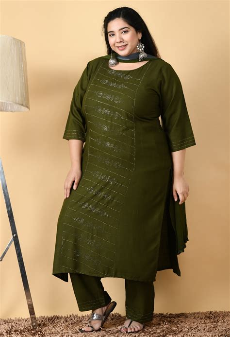 Plus Size Mettalic Green Kurta Pant Set with Dupatta – DESINOOR.COM