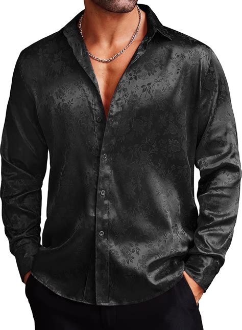COOFANDY Men's Silk Satin Dress Shirts Jacquard Long Sleeve Floral ...